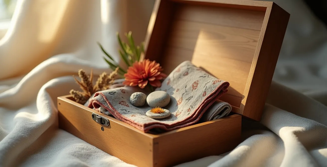 Boîte à souvenirs familiale avec objets symboliques du partage