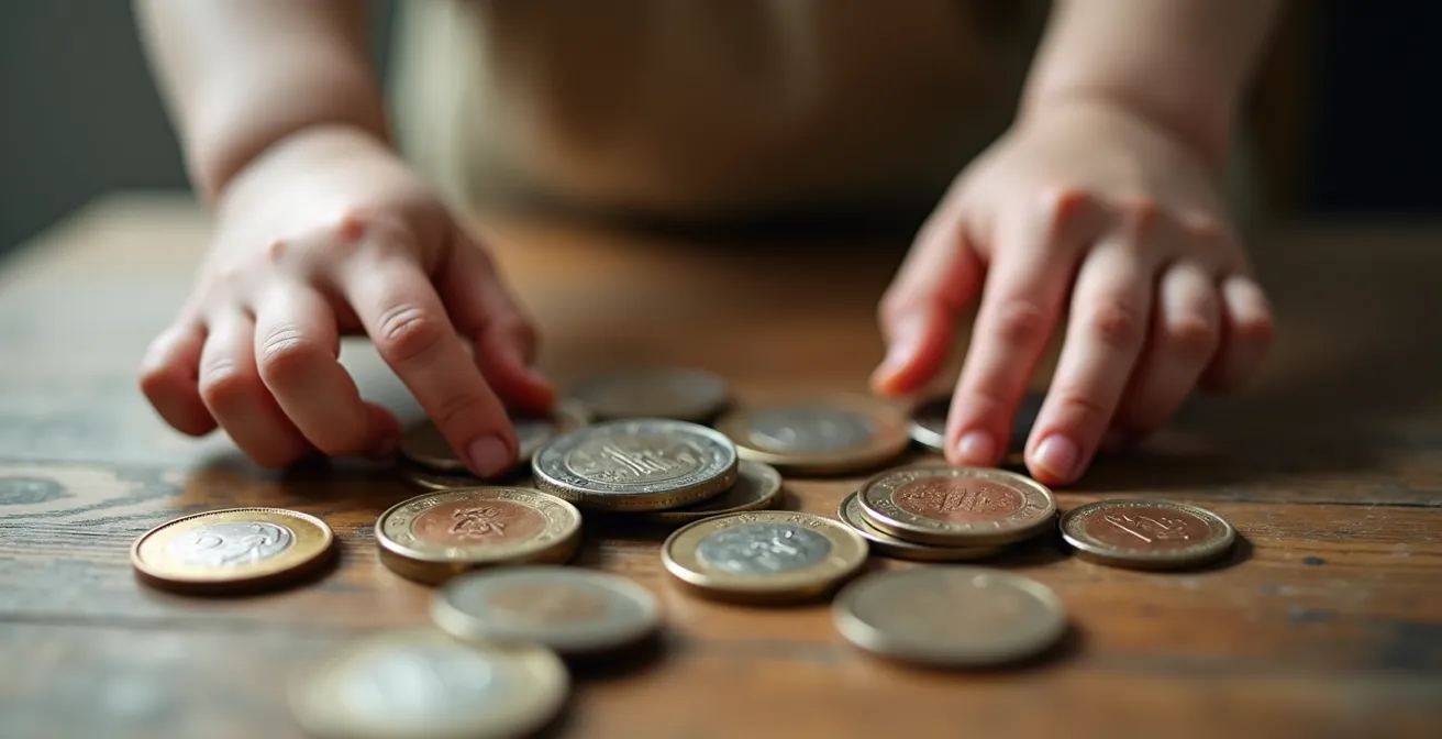 Gros plan sur des mains d'enfant manipulant des pièces de monnaie